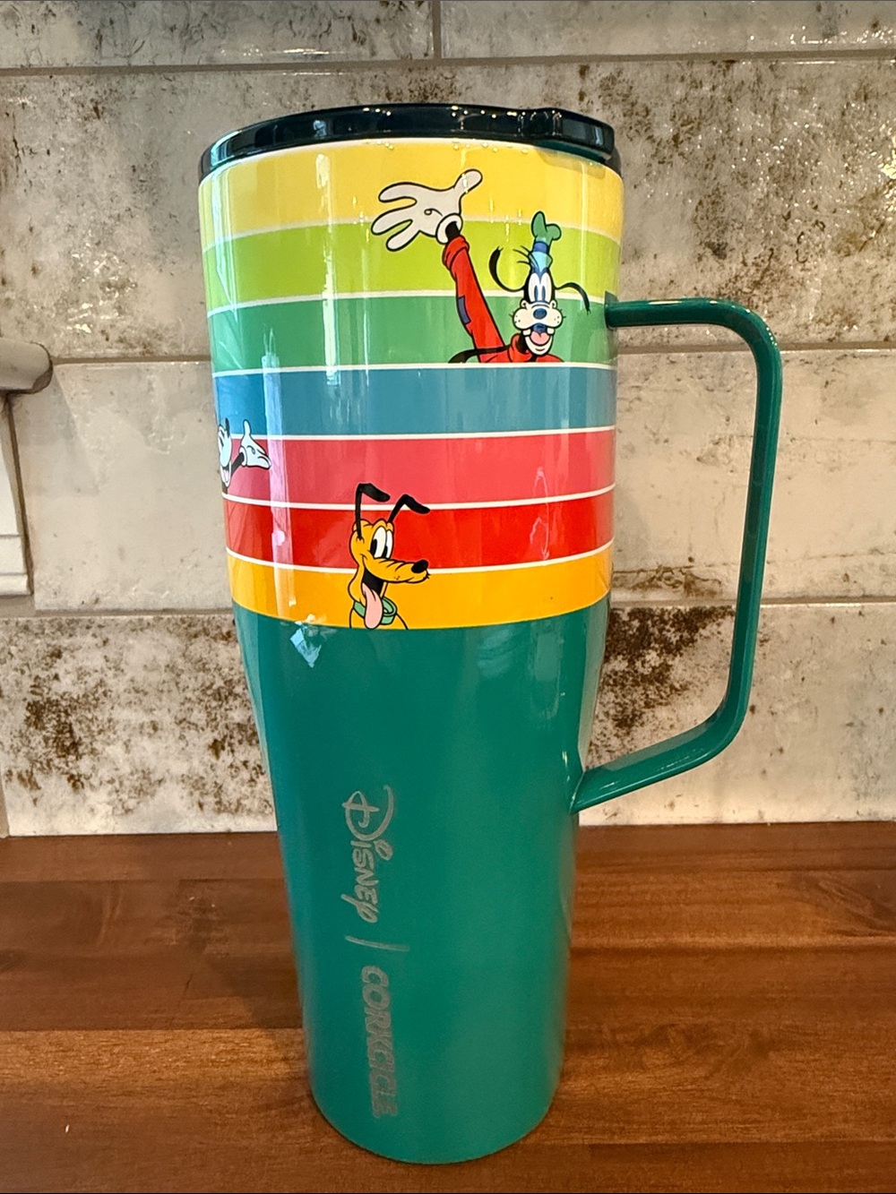 Disney 30oz Corkcicle tumbler with Rainbow Stripe Characters